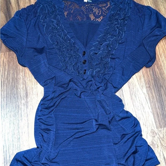 Elegant Navy Blue Ruffled Blouse - Picture 2 of 2